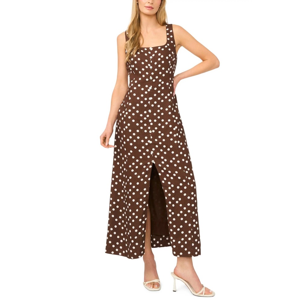 Halogen Women's Maxi Dress Polka Dot Square Neck Brown White M Retro Romantic